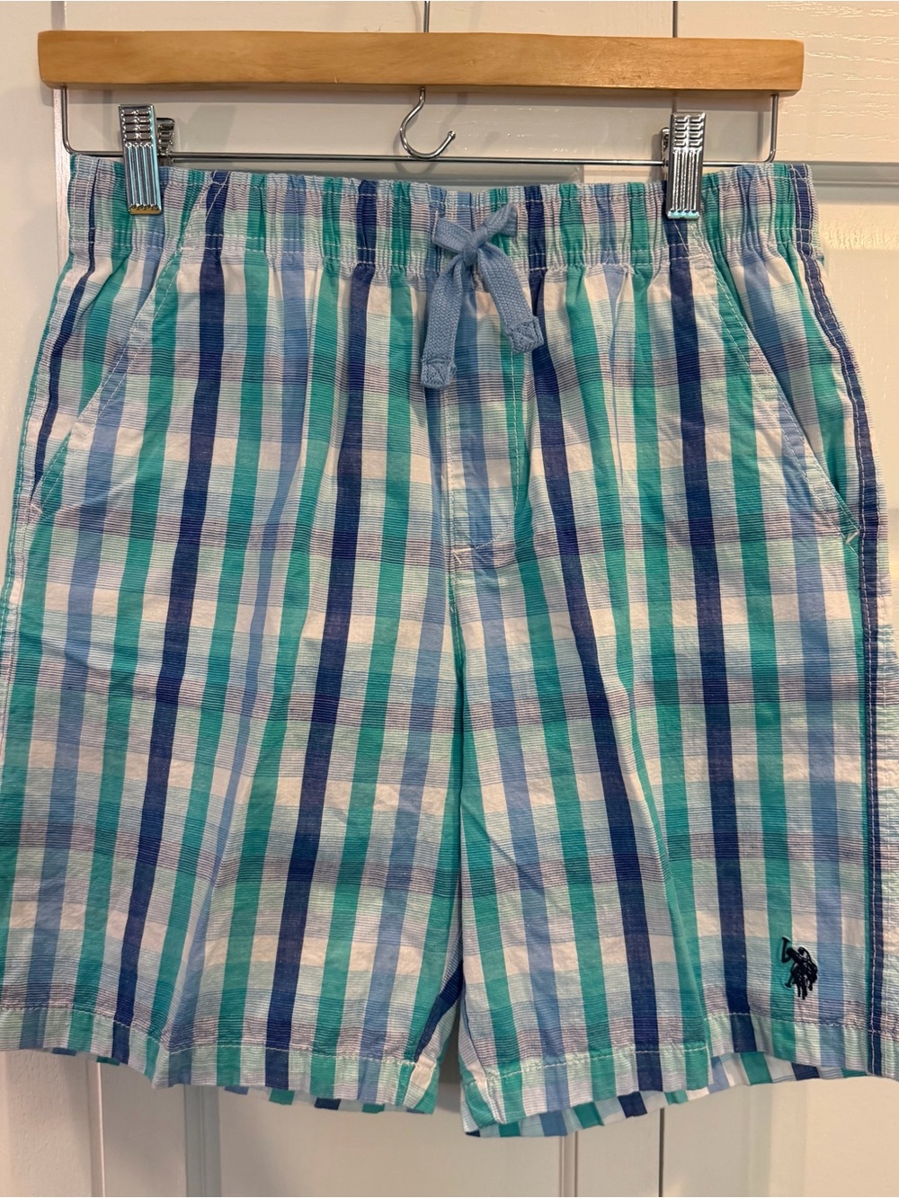 U.S. Polo Assn. Boys Dress Shorts Sz 18 Blue, Teal & White Plaid Pull-On Shorts